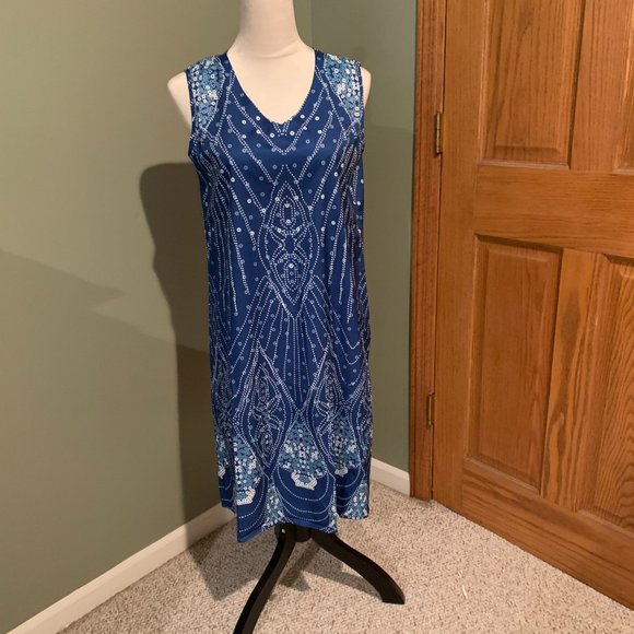 BLUE & WHITE SLEEVELESS DRESS WITH SHEER LONG SLEEVE COVER UP SIZE M #298 - Picture 2 of 2